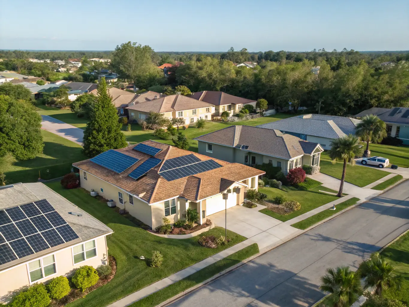 An aerial view of a residential area in Bremen, highlighting multiple homes equipped with photovoltaic systems installed by Bauvision Bau & Energie Bremen UG, demonstrating the widespread adoption of solar energy.