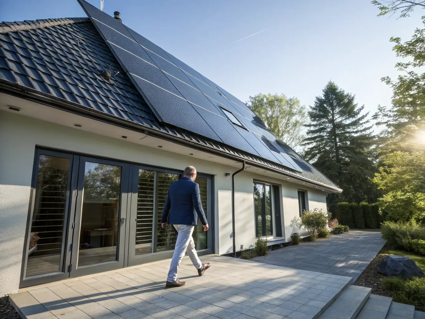 A modern single-family home in Bremen with newly installed photovoltaic panels on the roof, showcasing a clean and efficient energy solution provided by Bauvision Bau & Energie Bremen UG.