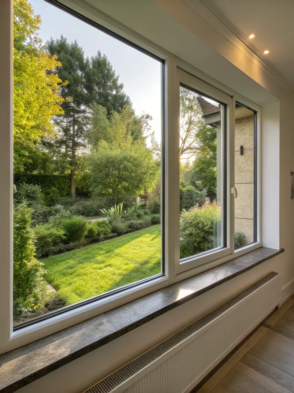 A sleek, modern casement window with a narrow frame, offering an unobstructed view of a Bremen garden, highlighting its aesthetic appeal and energy efficiency.
